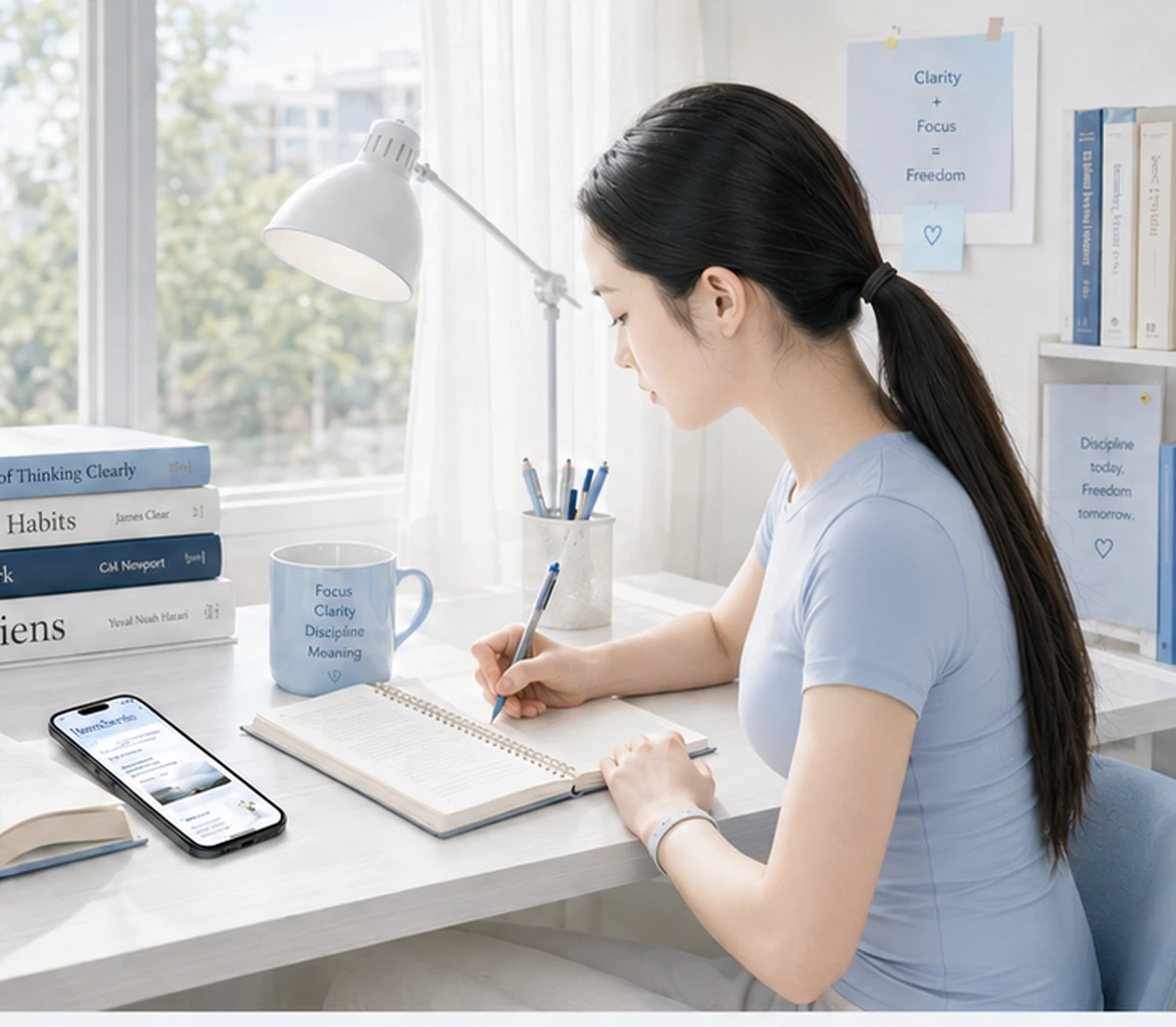 A focused student writing at a bright study desk